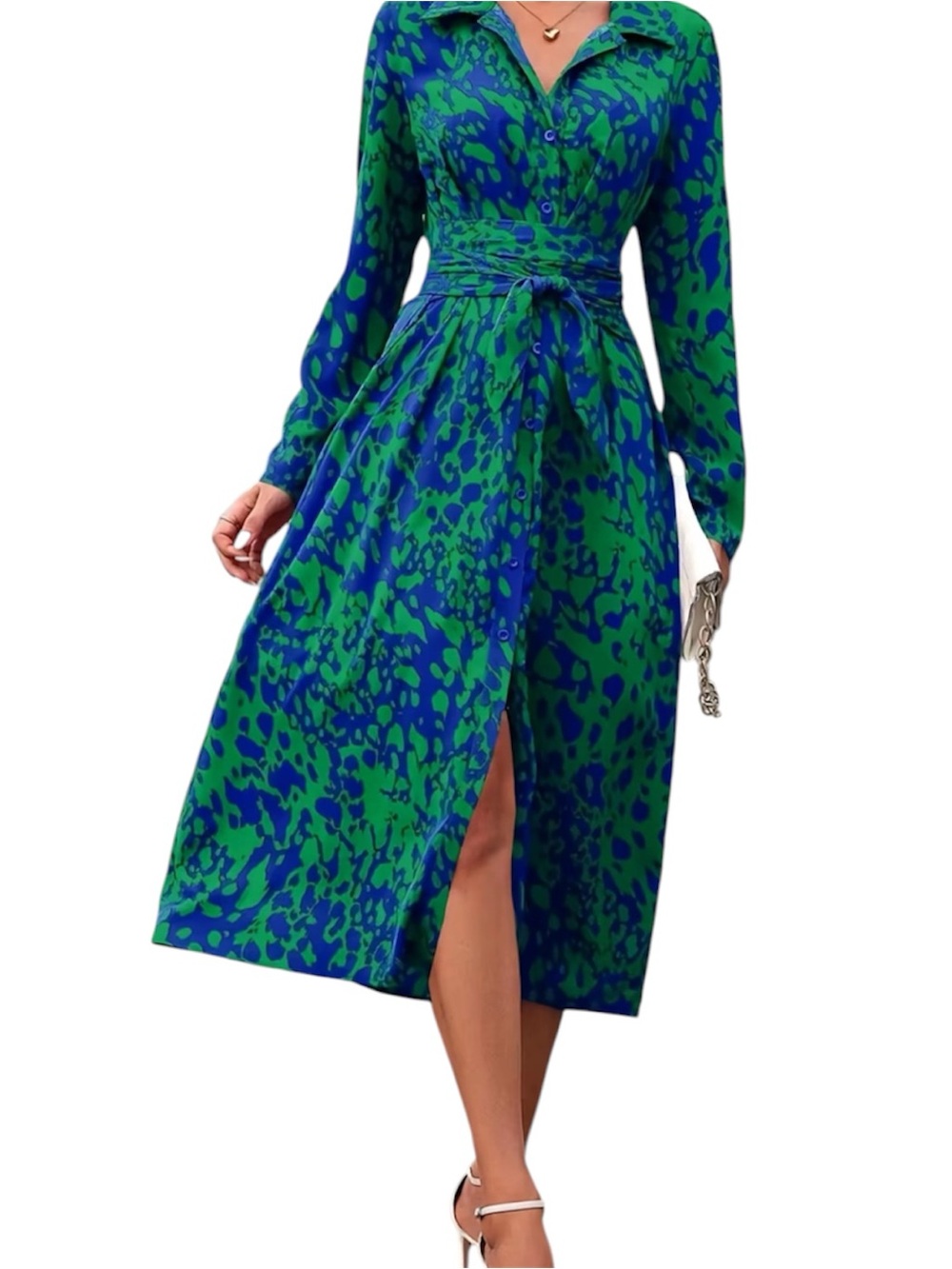 Vibrant Green & Blue Printed Maxi Dress with Collared V-Neck